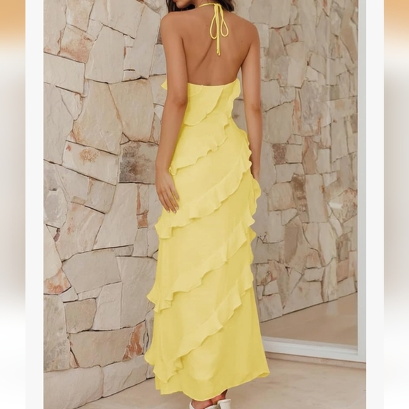 Elegant Yellow Chiffon Cascading Ruffle Maxi Dress XS - Picture 3 of 5